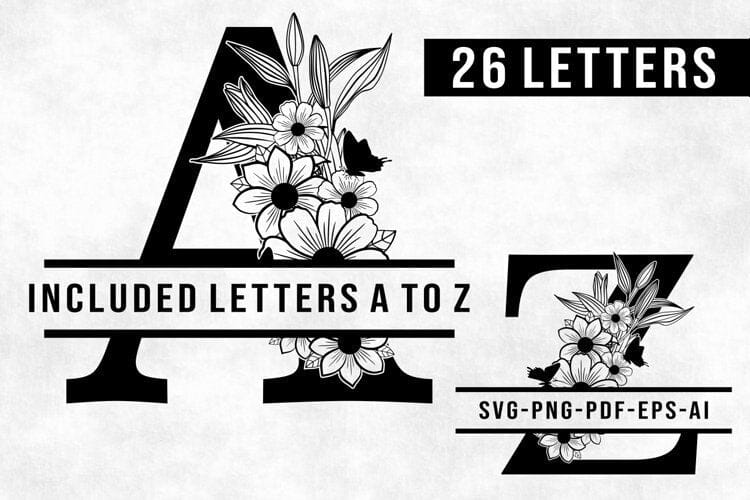 Floral Split Letters Svg Set A-Z, Split Alphabet Svg, Split Font Svg SVG D2PUTRI, SVG BUNDLE, SUBLIMATION BUNDLE, T SHIRT DESIGNS BUNDLE 