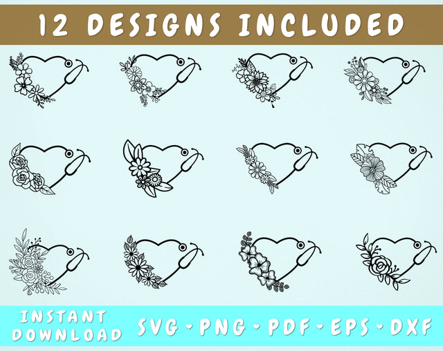 Floral Stethoscope SVG Bundle - 12 Designs SVG HappyDesignStudio 