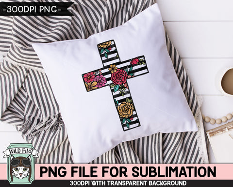 Floral Stripe Cross SUBLIMATION design PNG, Easter Sublimation, Christian sublimation, Religious png file, Flower Stripe Cross png file Sublimation Wild Pilot 