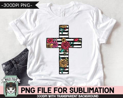 Floral Stripe Cross SUBLIMATION design PNG, Easter Sublimation, Christian sublimation, Religious png file, Flower Stripe Cross png file Sublimation Wild Pilot 