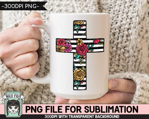 Floral Stripe Cross SUBLIMATION design PNG, Easter Sublimation, Christian sublimation, Religious png file, Flower Stripe Cross png file Sublimation Wild Pilot 