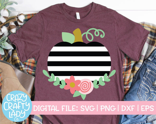Floral Striped Pumpkin | Fall SVG Cut File SVG Crazy Crafty Lady Co. 