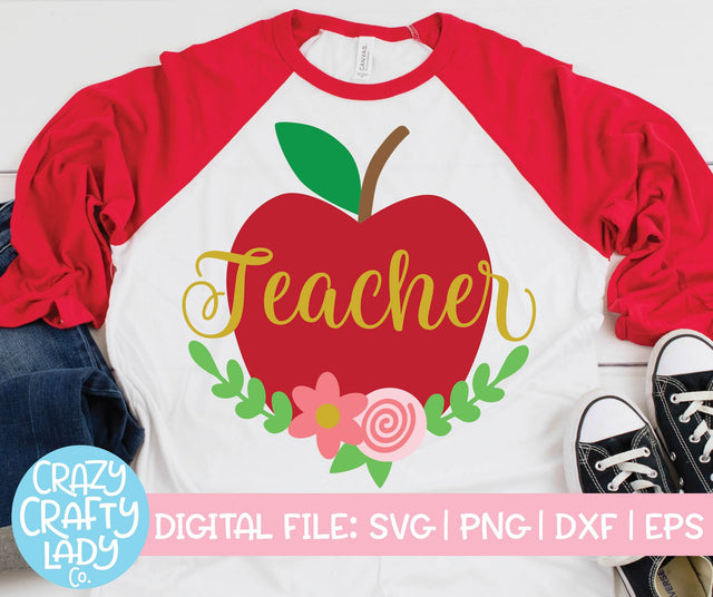 Floral Teacher Apple | Teacher SVG Cut File SVG Crazy Crafty Lady Co. 