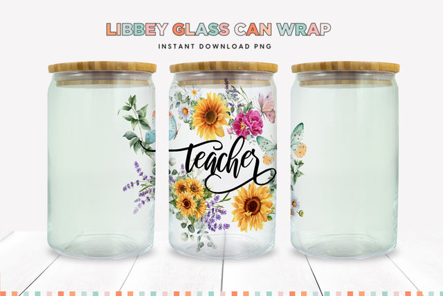 Floral Teacher Libbey Glass Can Sublimation Wrap Sublimation BijouBay 
