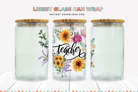 Floral Teacher Libbey Glass Can Sublimation Wrap Sublimation BijouBay 