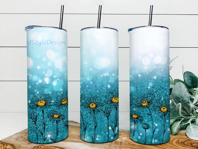 Floral Teal Glitter Wrap, Daisies Sublimation Design Tumbler, Daisies Flower Wrap Straight & Tapered Tumbler PNG Sublimation iStyleDesign 