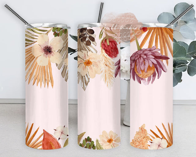 Floral Tumbler Design, Boho Floral 20oz Skinny Tumbler, Boho Floral Tumbler Wrap, Floral Tumbler With Lid And Straw, Digital Download Sublimation Rabbitmakies 