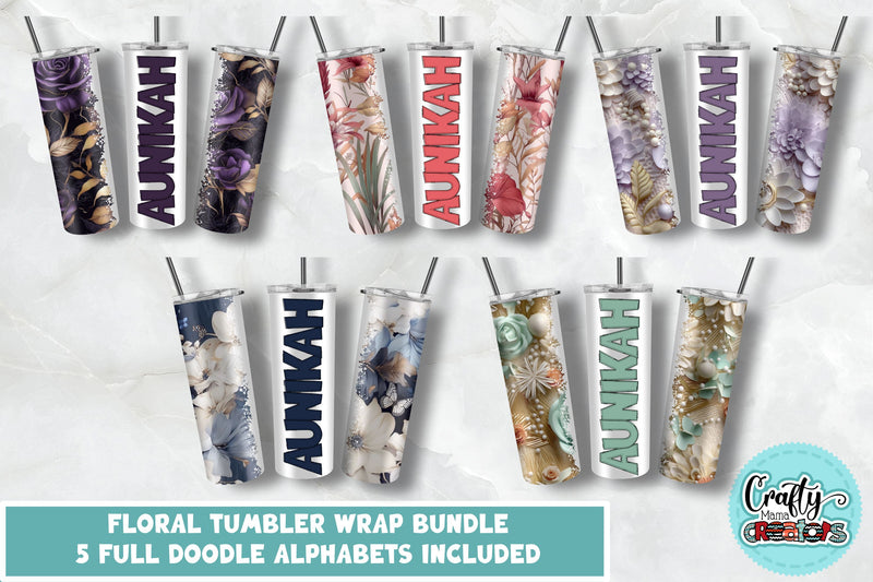 Floral Tumbler Wrap Bundle With Doodle Letters SVG Crafty Mama Studios 