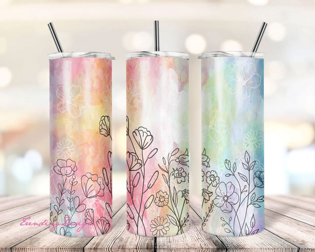 Floral Tumbler Wrap Sublimation Designs For Tumbler Downloads Pastel Watercolor flower Skinny Tumbler 20oz Design PNG Commercial Use Sublimation TrendingDesign 
