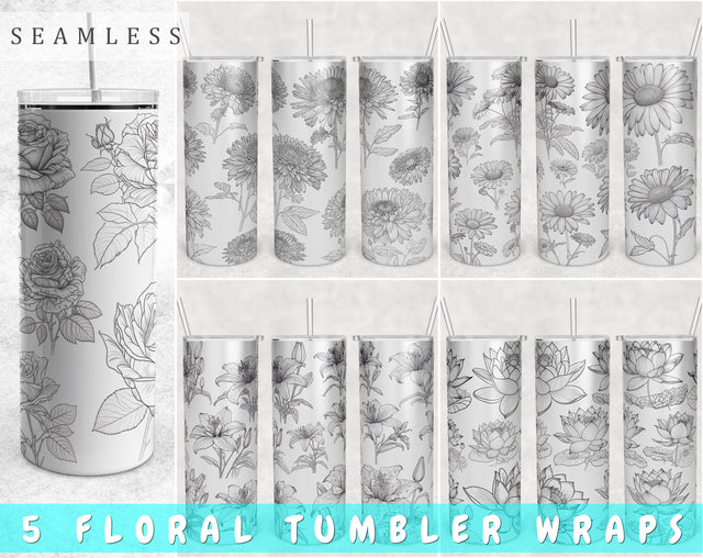 Floral Tumbler Wraps Bundle, 20 Oz Skinny Tumbler Flowers Sublimation Designs, Seamless Rose, Daisy, Aster, Lily And Lotus PNG, 5 Designs Sublimation HappyDesignStudio 