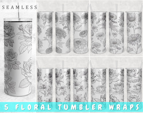 Floral Tumbler Wraps Bundle, 20 Oz Skinny Tumbler Flowers Sublimation Designs, Seamless Rose, Daisy, Aster, Lily And Lotus PNG, 5 Designs Sublimation HappyDesignStudio 