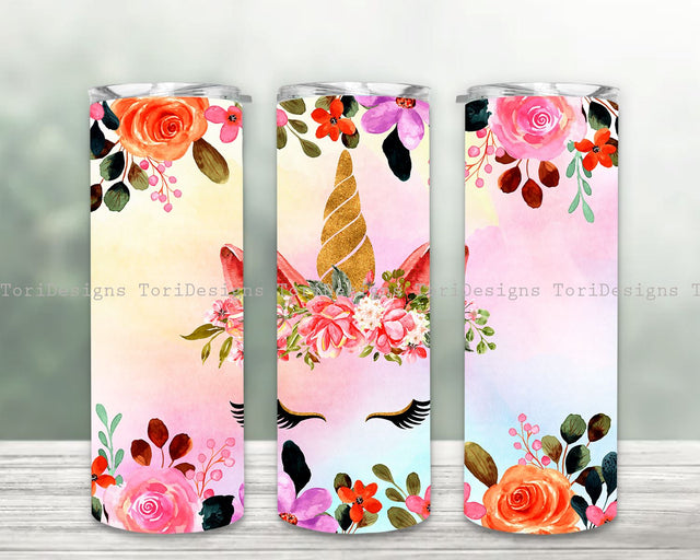 Floral Unicorn 20oz Skinny Tumbler, Watercolor Unicorn Floral 20oz Unicorn Skinny Tumbler Sublimation Png Sublimation ToriDesigns 