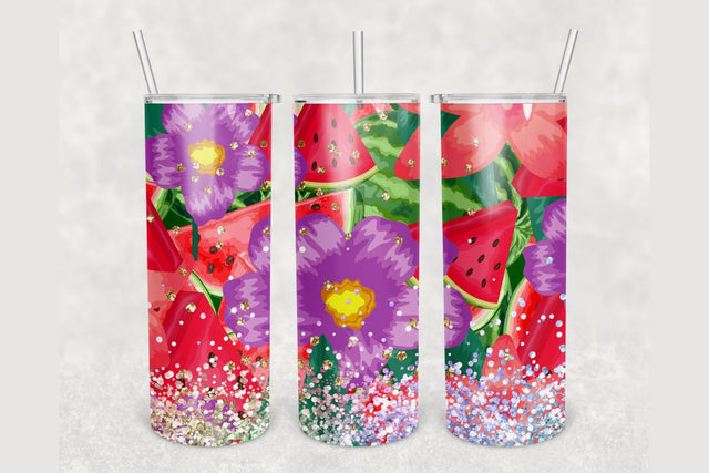 Floral Watermelon Glitter Tumbler sublimation design 20 oz skinny tumbler wrap Sublimation BambinaCreations 