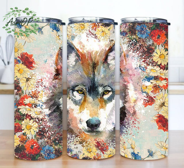 Floral Wolf Tumbler 20oz Skinny Tumbler Png, Animal Tumbler, Wolf Lover Gift, Floral Grey Wolf, Western Png, Watercolor Art, Mama Wolf Sublimation Tumbler Sublimation AdriOP 