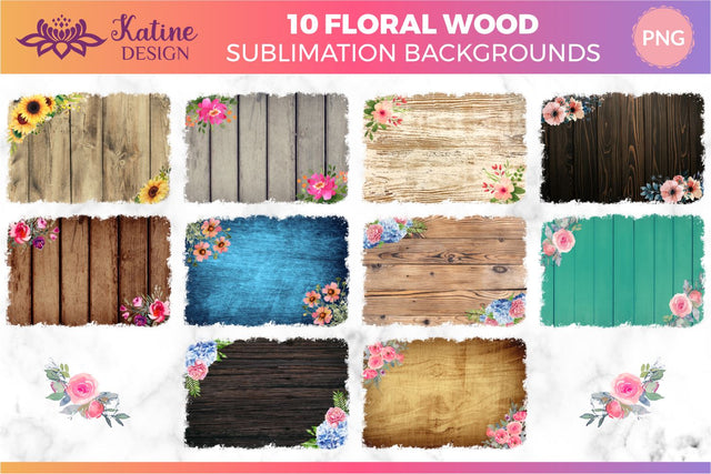 Floral wood sublimation background bundle Png Distressed rustic wood background Sublimation Designs for crafting and sublimation printing Sublimation KatineDesign 