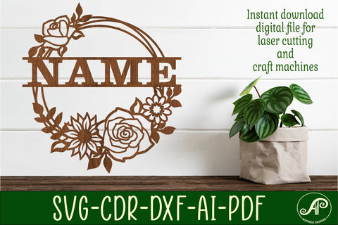 Floral wreath Name sign svg laser cut template SVG APInspireddesigns 