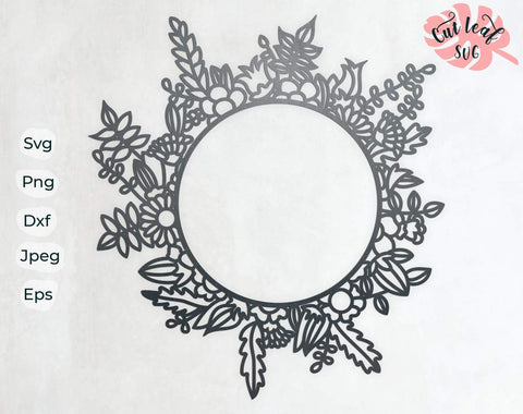 Floral wreath svg, dxf files for plasma, cnc files for wood, monogram frame svg, floral frame, flourish svg, flower wreath clipart SVG CutLeafSvg 