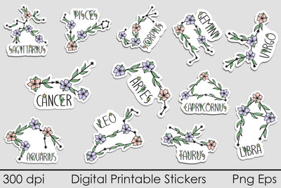 Floral zodiac printables stickers bundle, Horoscope png, Constellation with flowers SVG AnastasiyaArtDesign 
