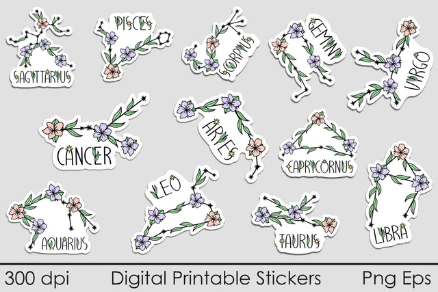 Floral zodiac printables stickers bundle, Horoscope png, Constellation with flowers SVG AnastasiyaArtDesign 