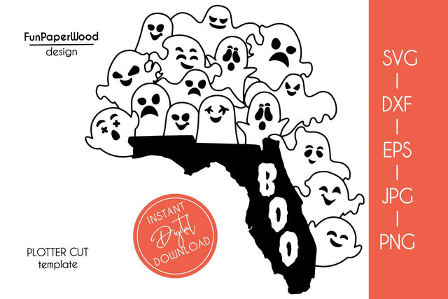 Florida FL state map Cute Halloween Boo scary ghosts faces SVG DXF EPS PNG JPEG SVG FunPaperWood 