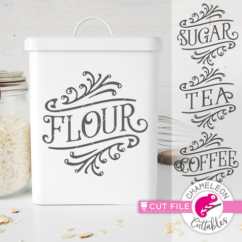 Flour - Sugar - Tea - Coffee - vintage canister design - Farmhouse - SVG SVG Chameleon Cuttables 