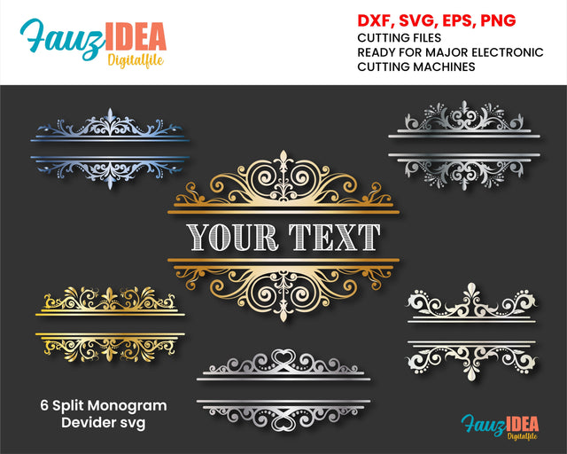 Flourish svg, Swirl svg, vintage monogram name label svg, Ornament Clip Art, Monogram Frame, Pattern Flower Vintage Curls, Split frame svg SVG Fauz 