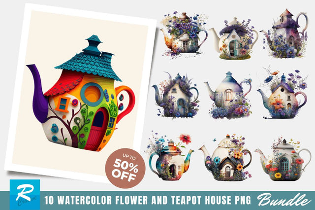 Flower and Teapot House Clipart Bundle Sublimation Regulrcrative 