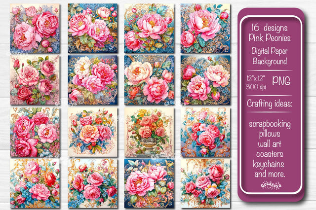 Flower Backgrounds pink and blue peonies Digital Paper Set Watercolor Flowers PNG Sublimation Createya Design 