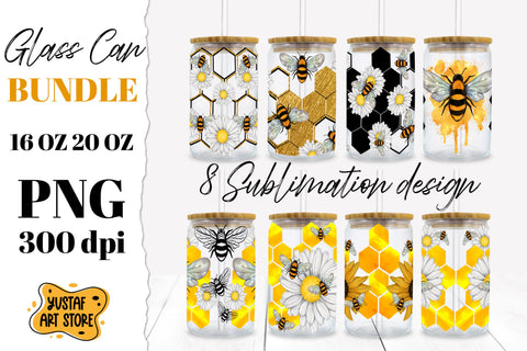 Flower & Bee Glass Can Sublimation Bundle. 8 PNG design Sublimation Yustaf Art Store 