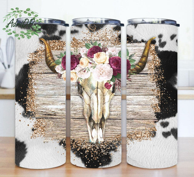 Flower Bull Skull 20oz Skinny Tumbler, Western Sublimation Design, Cow Print Tumbler Wrap, Bull Skull Tumbler Template, Instant Download Sublimation AdriOP 