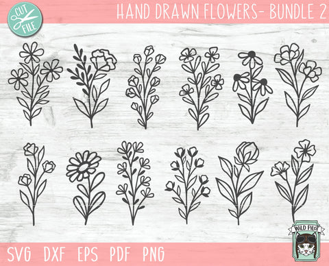 Flower Bundle SVG Cut File, Flower Doodles SVG Files, Floral Bundle SVG, Flower Cut File, Floral Cut File, Bouquet Set SVG, Wildflowers SVG, Nature SVG SVG Wild Pilot 