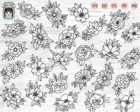 Flower Bundle SVG Cut Files, Flower Doodles Svg Files, Floral Bundle SVG, Flower Cut File, Floral Cut File, Bouquet Set SVG File, Wildflowers SVG, Nature SVG SVG Wild Pilot 