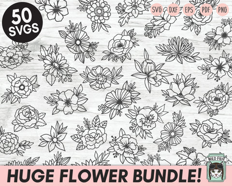 Flower Bundle SVG Cut Files, Flower Doodles Svg Files, Floral Bundle SVG, Flower Cut File, Floral Cut File, Bouquet Set SVG File, Wildflowers SVG, Nature SVG SVG Wild Pilot 