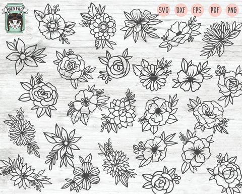 Flower Bundle SVG Cut Files, Flower Doodles Svg Files, Floral Bundle SVG, Flower Cut File, Floral Cut File, Bouquet Set SVG File, Wildflowers SVG, Nature SVG SVG Wild Pilot 