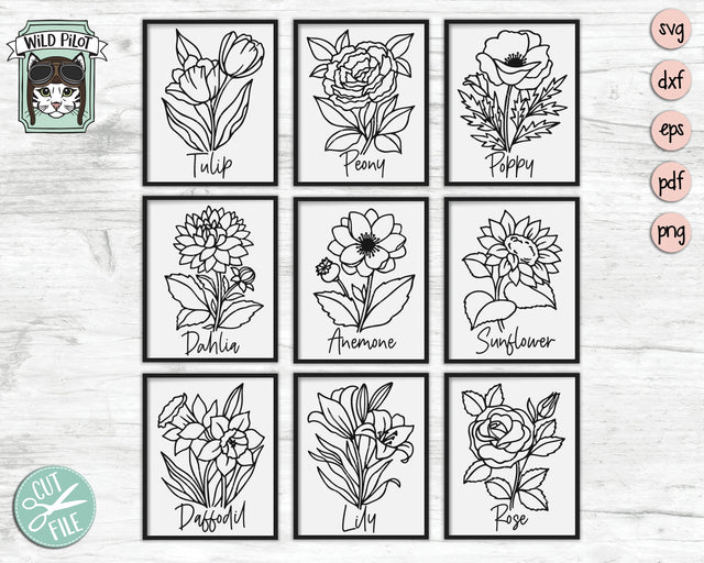 Flower Bundle SVG, Flower SVG File, Floral SVG, Botanical Illustrations SVG, Tulip SVG, Peony SVG, Poppy SVG, Rose SVG, Sunflower SVG, Dahlia SVG, Anemone SVG, Daffodil SVG, Lily SVG SVG Wild Pilot 