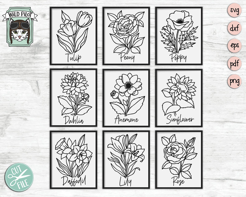Flower Bundle SVG, Flower SVG File, Floral SVG, Botanical Illustrations SVG, Tulip SVG, Peony SVG, Poppy SVG, Rose SVG, Sunflower SVG, Dahlia SVG, Anemone SVG, Daffodil SVG, Lily SVG SVG Wild Pilot 