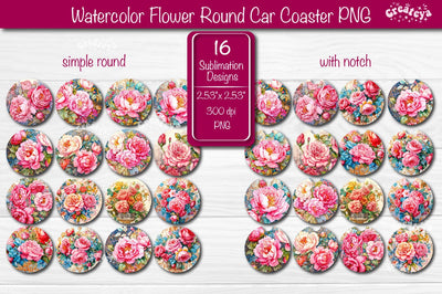Flower Coaster Sublimation Bundle Round Coaster Sublimation design watercolor Peony PNG Sublimation Createya Design 