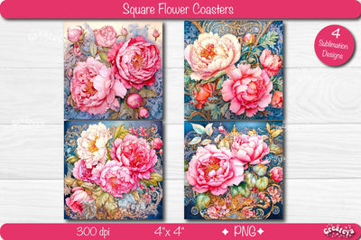 Flower coaster Sublimation Bundle Square coaster design Watercolor flower PNG Square keychain Sublimation Createya Design 