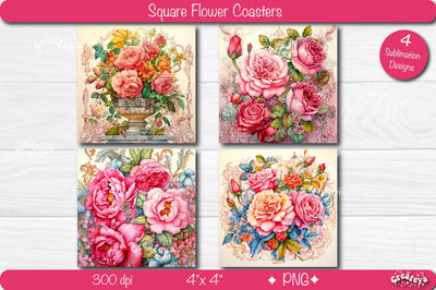 Flower coaster Sublimation Bundle Square coaster design Watercolor flower PNG Square keychain Sublimation Createya Design 