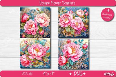 Flower coaster Sublimation Bundle Square coaster design Watercolor flower PNG Square keychain Sublimation Createya Design 