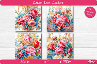Flower coaster Sublimation Bundle Square coaster design Watercolor flower PNG Square keychain Sublimation Createya Design 