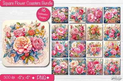 Flower coaster Sublimation Bundle Square coaster design Watercolor flower PNG Sublimation Createya Design 
