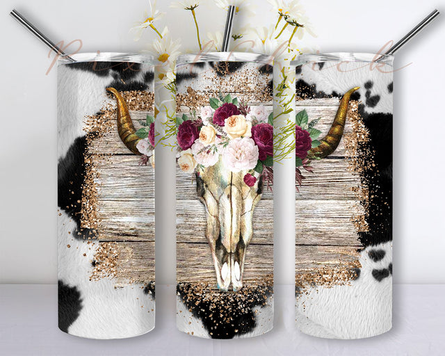 Flower Cowhide Bull Skull, 20oz Skinny Tumbler Wrap, Western Sublimation Tumbler,Cow Lover Sublimation Tumbler Png Sublimation PixelChick 