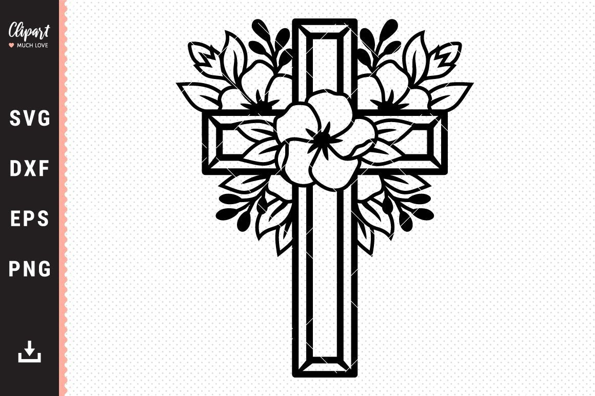 cross and flowers clipart black and white