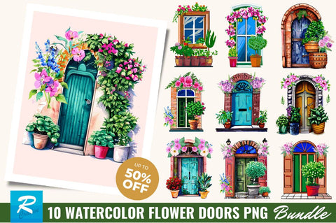Flower Doors Watercolor Clipart Bundle Sublimation Regulrcrative 