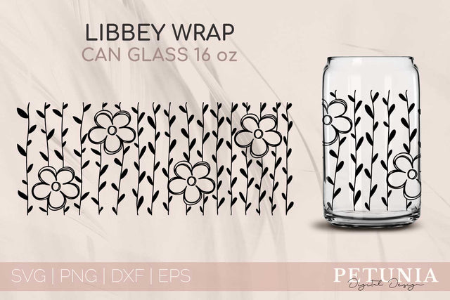 Flower Full Wrap 16 Oz Libbey Glass Can SVG SVG Petunia Digital Design 