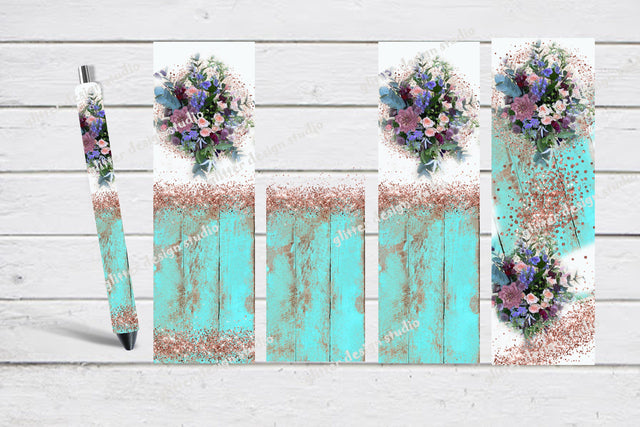 Flower glitter pen wrap template, Wood and floral ink joy wrap download, Elegant epoxy pen wrap digital design, Turquoise pen wraps pack,PNG Sublimation ArtStudio 