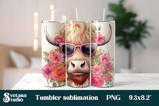 Flower highland cow tumbler sublimation design wrap 20 Oz Sublimation Svetana Studio 