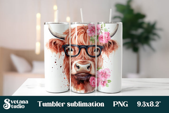 Flower highland cow tumbler wrap design Sublimation Svetana Studio 