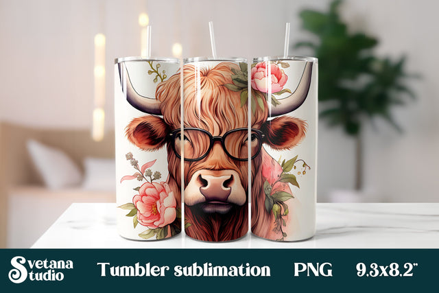 Flower highland cow with glasses tumbler Sublimation Svetana Studio 